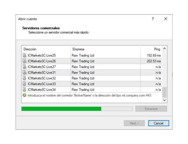 En la ventana 'Abrir cuenta' de MT4, introduzca manualmente el nombre del bróker y haga clic en 'Escanear' para encontrar la nueva lista de servidores.