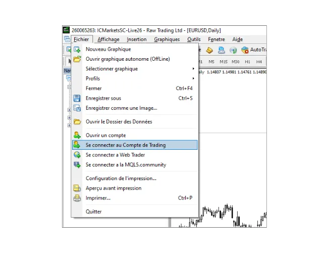 Dans le menu principal de MT4 PC, cliquez sur 'Fichier', puis sélectionnez 'Se connecter au Compte de Trading'.
