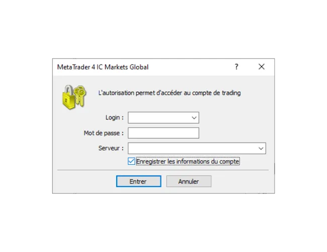 Fenêtre de connexion MT4 PC, remplissant le Login, le Mot de passe, et sélectionnant le bon serveur dans le menu déroulant.
