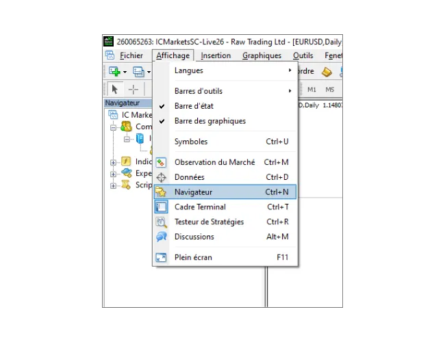 Tutoriel de connexion MT4 : Cliquez sur 'Affichage' dans le menu principal, puis sélectionnez 'Navigateur' pour ouvrir le panneau navigateur.