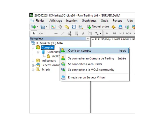 Dans le panneau Navigateur de MT4, faites un clic droit sur 'Comptes', et sélectionnez 'Ouvrir un compte' pour rechercher des serveurs.