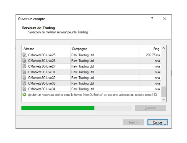 Dans la fenêtre 'Ouvrir un compte' de MT4, saisissez manuellement le nom du courtier et cliquez sur 'Scanner' pour trouver la nouvelle liste de serveurs.