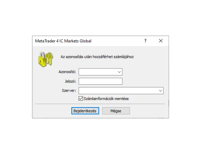 MT4 PC bejelentkezési ablak, az Azonosító, Jelszó kitöltése, és a helyes Szerver kiválasztása a legördülő menüből.