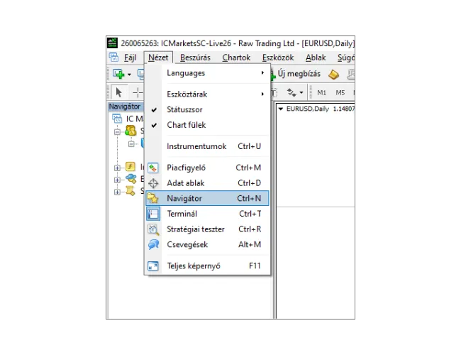 MT4 bejelentkezési útmutató: Kattintson a 'Nézet' gombra a főmenüben, majd válassza a 'Navigátor'-t a navigátor panel megnyitásához.