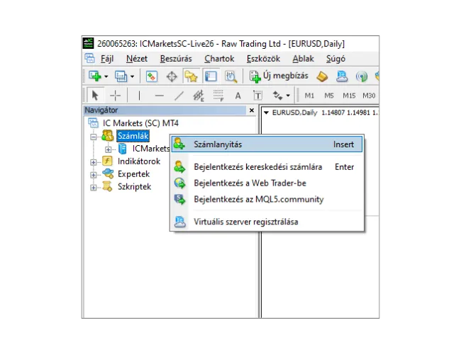 Az MT4 Navigátor panelen kattintson jobb egérgombbal a 'Számlák'-ra, és válassza a 'Számlanyitás' lehetőséget a szerverek kereséséhez.