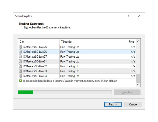 Az MT4 'Számlanyitás' ablakában gépelje be kézzel a bróker nevét, és kattintson a 'Frissítés' gombra az új szerverlista megkereséséhez.
