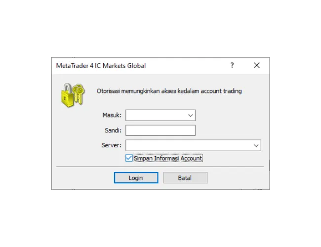 Jendela login MT4 PC, mengisi Masuk, Sandi, dan memilih server yang benar dari menu drop-down.