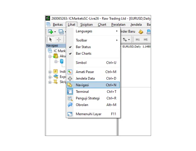 Tutorial login MT4: Klik 'Lihat' di menu utama, lalu pilih 'Navigasi' untuk membuka panel navigasi.