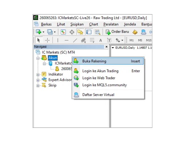 Di panel Navigasi MT4, klik kanan pada 'Akun', dan pilih 'Buka Rekening' untuk memindai server.