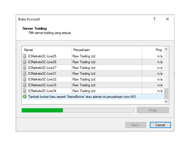 Di jendela 'Buka Account' MT4, masukkan nama broker secara manual dan klik 'Pindai' untuk menemukan daftar server baru.