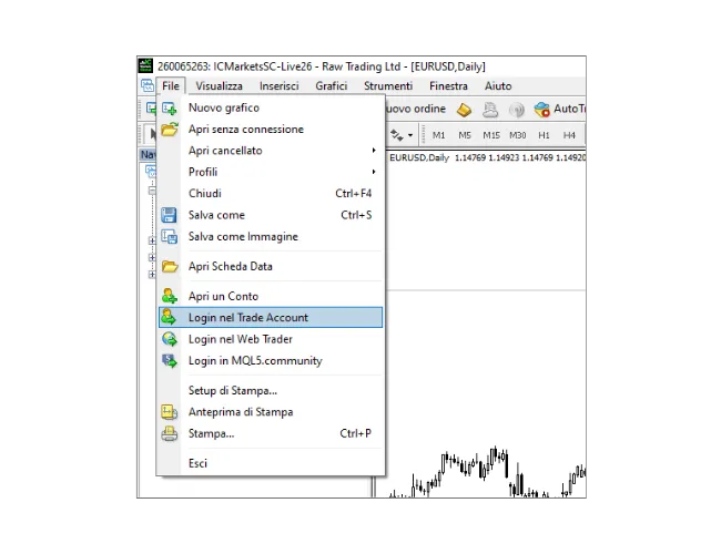 Nel menu principale di MT4 per PC, clicca su 'File', e poi seleziona 'Login nel Trade Account'.