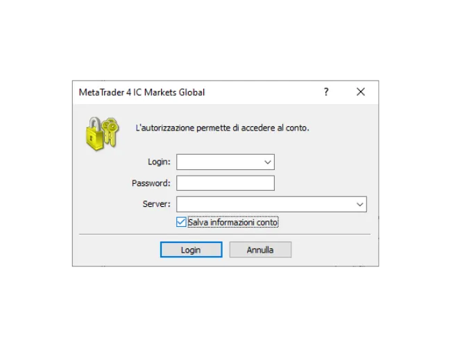 Finestra di accesso di MT4 per PC, compilando Login, Password, e selezionando il server corretto dal menu a discesa.