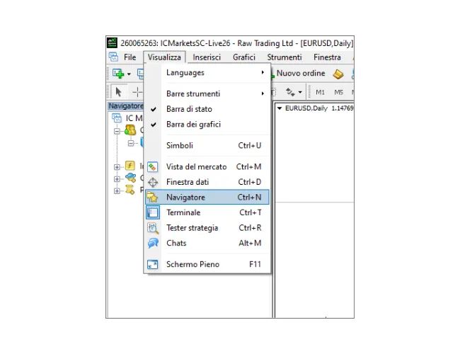 Tutorial di accesso a MT4: Clicca su 'Visualizza' nel menu principale, e poi seleziona 'Navigatore' per aprire il pannello navigatore.