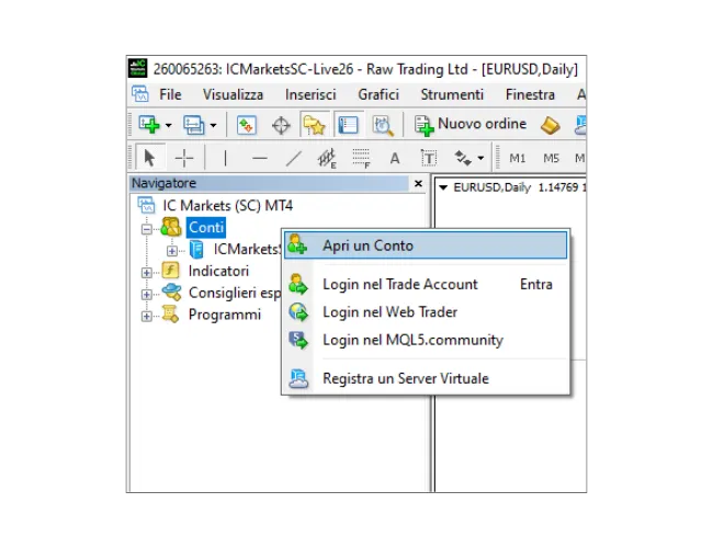 Nel pannello Navigatore di MT4, fai clic con il pulsante destro del mouse su 'Conti' e seleziona 'Apri un Conto' per cercare i server.