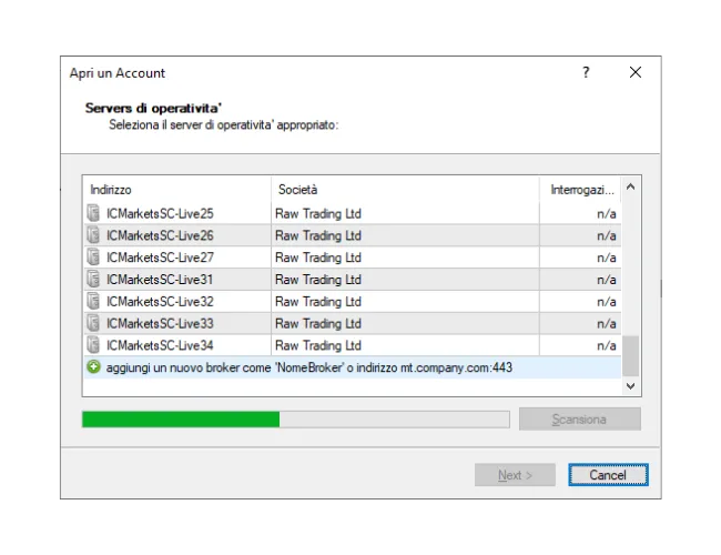Nella finestra 'Apri un Account' di MT4, inserisci manualmente il nome del broker e clicca su 'Scansiona' per trovare il nuovo elenco di server.