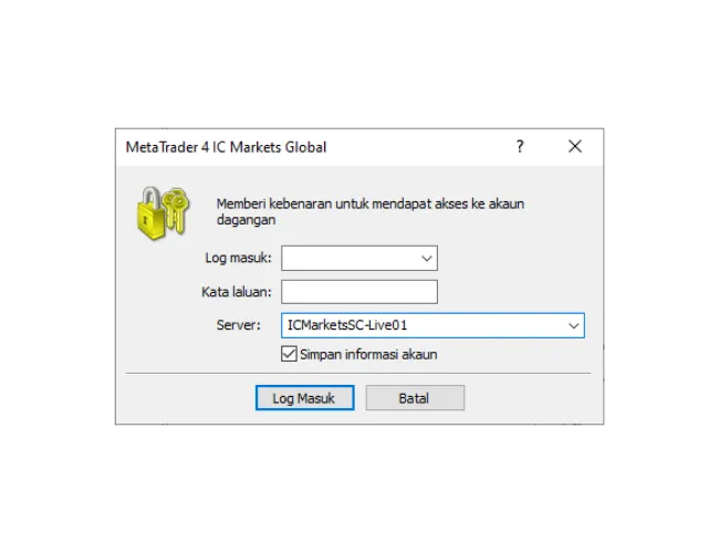 Tetingkap log masuk MT4 PC, mengisi Log masuk, Kata laluan, dan memilih pelayan yang betul dari menu lungsur turun.