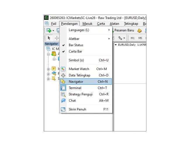 Tutorial log masuk MT4: Klik 'Pandangan' dalam menu utama, dan kemudian pilih 'Navigator' untuk membuka panel navigator.