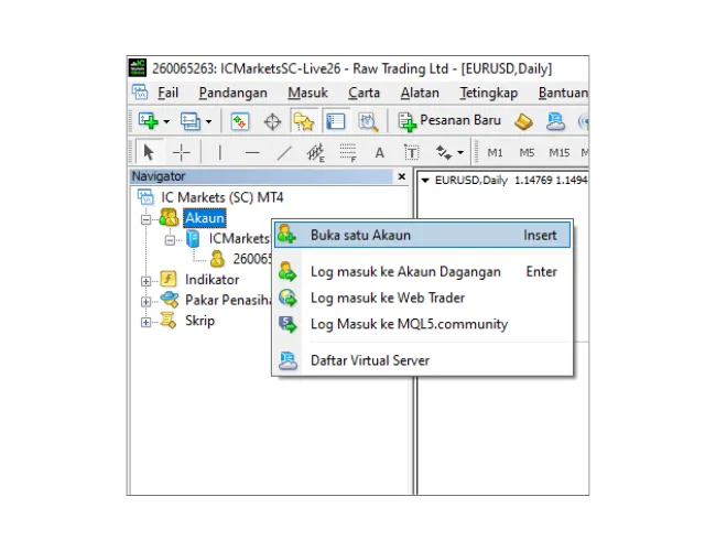 Dalam panel Navigator MT4, klik kanan pada 'Akaun', dan pilih 'Buka satu Akaun' untuk mengimbas pelayan.