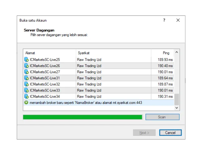 Dalam tetingkap 'Buka satu Akaun' MT4, masukkan nama broker secara manual dan klik 'Scan' untuk mencari senarai pelayan baru.