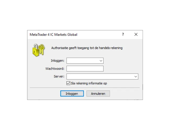 MT4 PC-inlogvenster, het invullen van Inloggen, Wachtwoord, en het selecteren van de juiste server uit het drop-down menu.