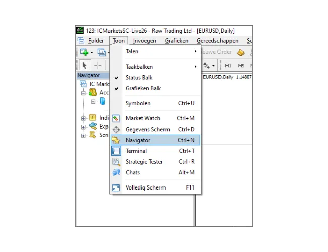 MT4 inloghandleiding: Klik op 'Toon' in het hoofdmenu, en selecteer vervolgens 'Navigator' om het navigatorpaneel te openen.