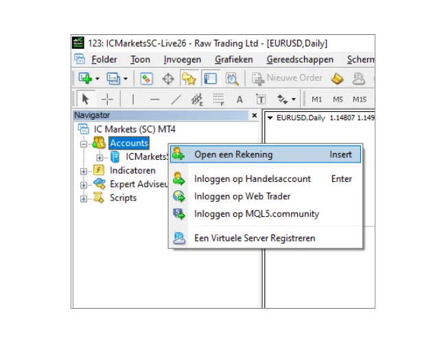 In het MT4 Navigator-paneel, klik met de rechtermuisknop op 'Accounts', en selecteer 'Open een Rekening' om naar servers te scannen.