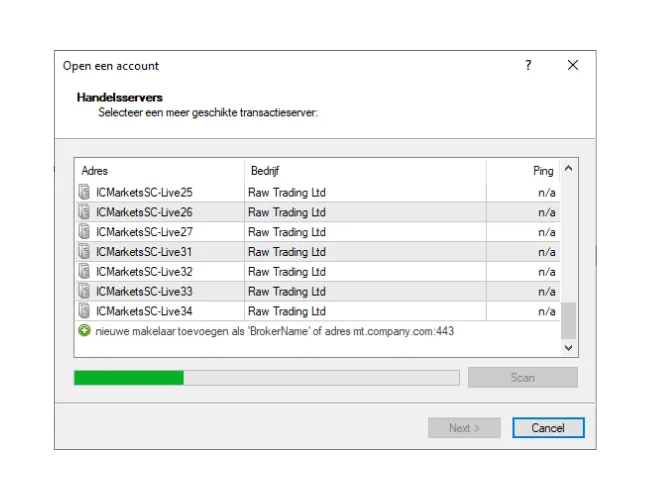 In het MT4 'Open een Rekening' venster, voer handmatig de naam van de broker in en klik op 'Scan' om de nieuwe serverlijst te vinden.