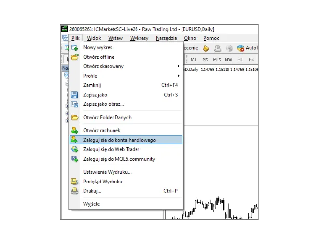 W głównym menu MT4 na PC kliknij 'Plik', a następnie wybierz 'Zaloguj się do konta handlowego'.