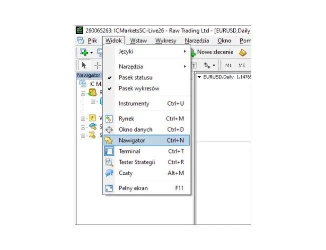 Poradnik logowania MT4: Kliknij 'Widok' w głównym menu, a następnie wybierz 'Nawigator', aby otworzyć panel nawigatora.