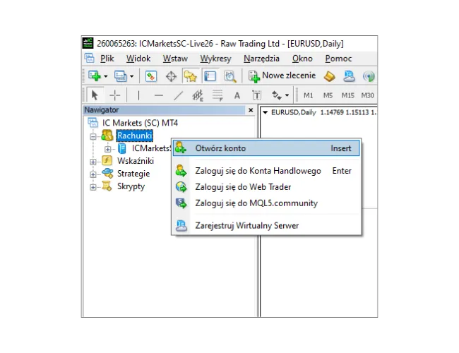 W panelu Nawigator MT4 kliknij prawym przyciskiem myszy na 'Rachunki' i wybierz 'Otwórz konto', aby przeskanować serwery.