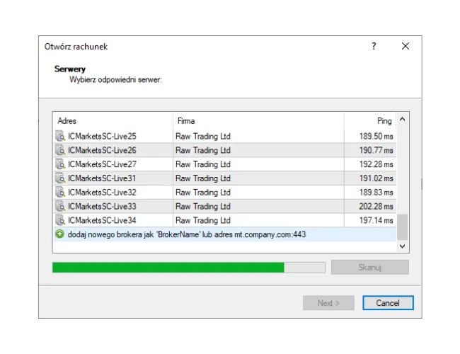 W oknie 'Otwórz rachunek' MT4 ręcznie wprowadź nazwę brokera i kliknij 'Skanuj', aby znaleźć nową listę serwerów.