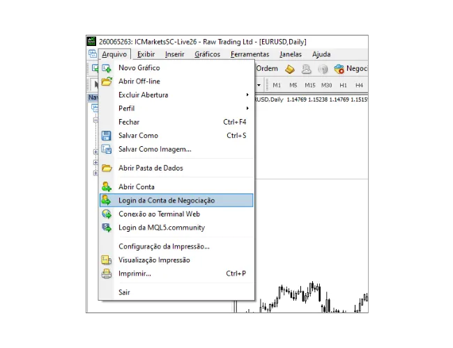 No menu principal do MT4 PC, clique em 'Arquivo' e, em seguida, selecione 'Login da Conta de Negociação'.