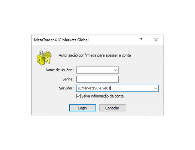 Janela de login do MT4 PC, preenchendo Nome de usuário, Senha e selecionando o servidor correto no menu suspenso.