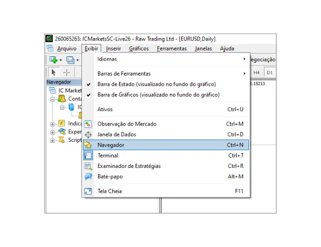 Tutorial de login do MT4: Clique em 'Exibir' no menu principal e, em seguida, selecione 'Navegador' para abrir o painel do navegador.