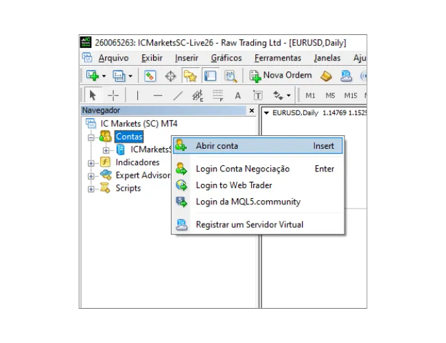 No painel Navegador do MT4, clique com o botão direito em 'Contas' e selecione 'Abrir conta' para escanear servidores.