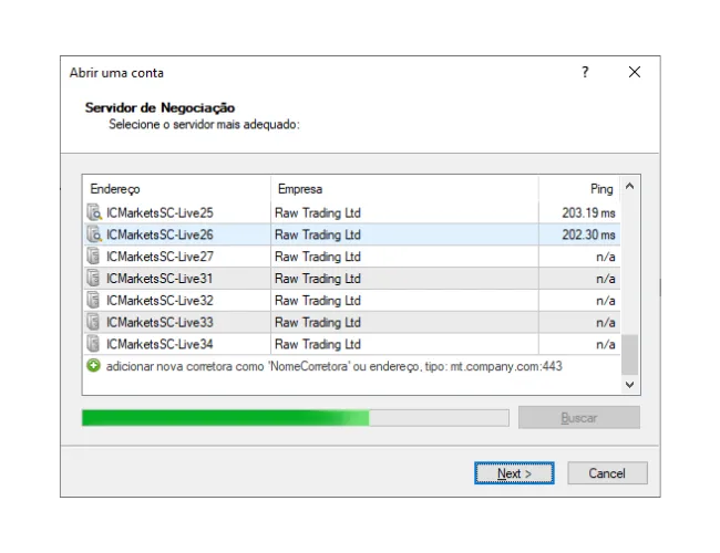 Na janela 'Abrir uma conta' do MT4, insira manualmente o nome da corretora e clique em 'Buscar' para encontrar a nova lista de servidores.