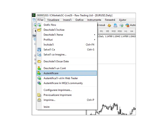 În meniul principal MT4 PC, faceți clic pe 'Fișier', apoi selectați 'Autentificare'.