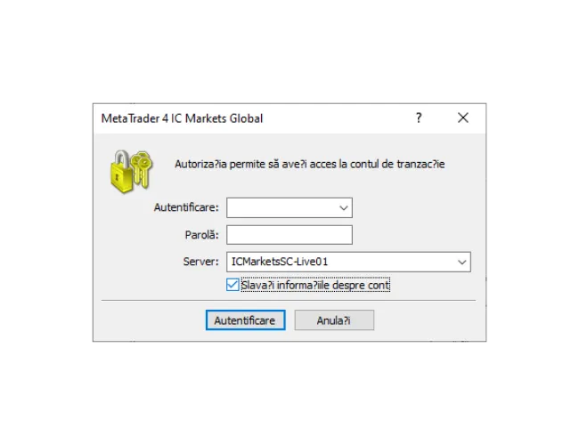 Fereastra de autentificare MT4 PC, completând Autentificare, Parolă și selectând serverul corect din meniul derulant.