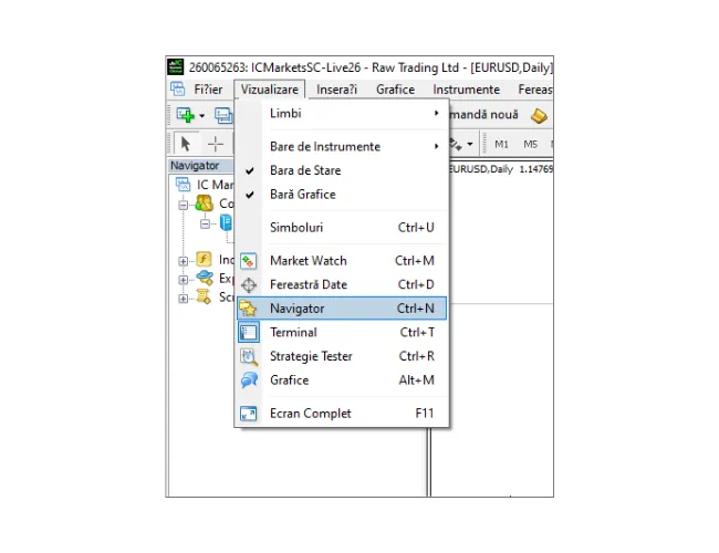 Tutorial de autentificare MT4: Faceți clic pe 'Vizualizare' în meniul principal, apoi selectați 'Navigator' pentru a deschide panoul navigator.