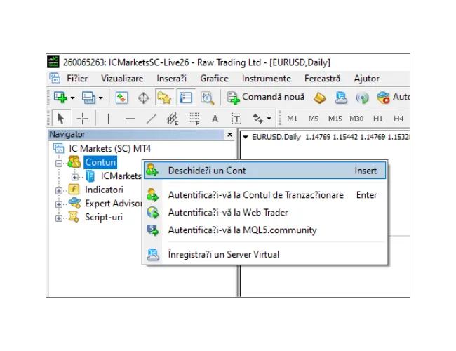 În panoul Navigator MT4, faceți clic dreapta pe 'Conturi' și selectați 'Deschideți un Cont' pentru a scana serverele.