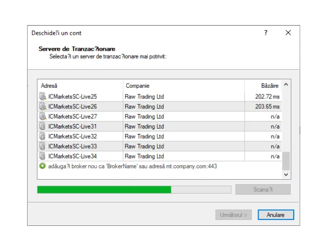 În fereastra 'Deschideți un cont' MT4, introduceți manual numele brokerului și faceți clic pe 'Scanați' pentru a găsi noua listă de servere.