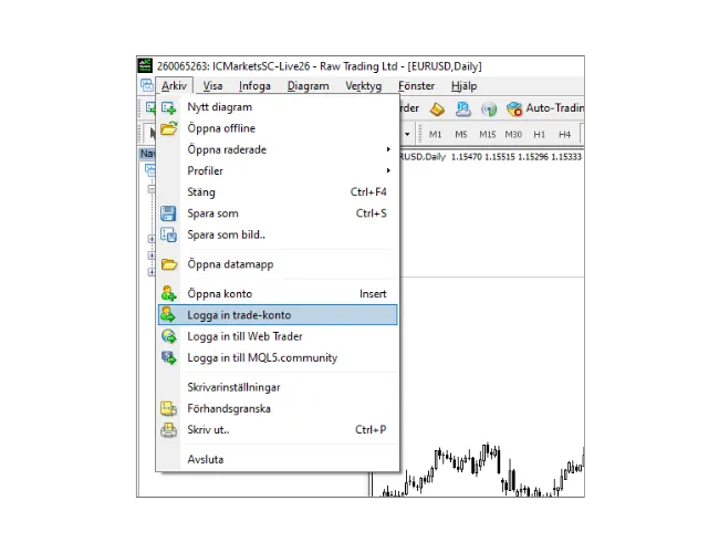 I MT4 PC-huvudmenyn, klicka på 'Arkiv', och välj sedan 'Logga in trade-konto'.