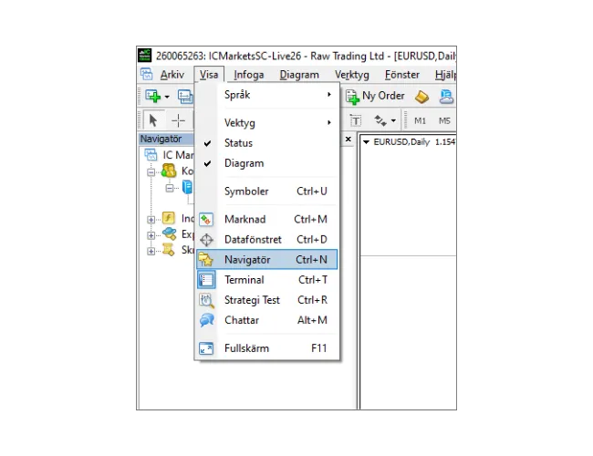 MT4 inloggningsguide: Klicka på 'Visa' i huvudmenyn, och välj sedan 'Navigatör' för att öppna navigatörpanelen.