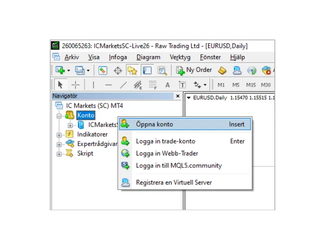 I MT4 Navigatör-panelen, högerklicka på 'Konto', och välj 'Öppna konto' för att skanna efter servrar.