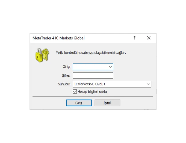 MT4 PC giriş penceresi, Giriş, Şifre bilgilerini doldurma ve açılır menüden doğru sunucuyu seçme.