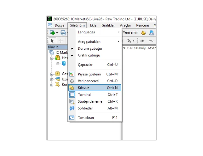 MT4 giriş eğitimi: Ana menüden 'Görünüm'e tıklayın ve ardından kılavuz panelini açmak için 'Kılavuz'u seçin.