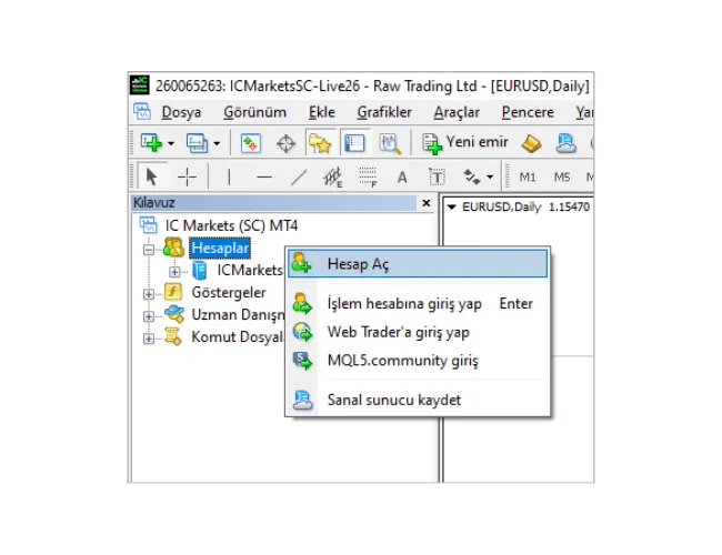 MT4 Kılavuz panelinde, 'Hesaplar'a sağ tıklayın ve sunucuları taramak için 'Hesap Aç'ı seçin.