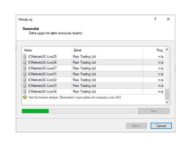 MT4 'Hesap aç' penceresinde, broker adını manuel olarak girin ve yeni sunucu listesini bulmak için 'Tara'ya tıklayın.