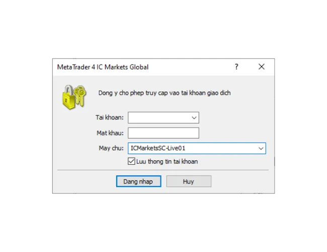Cửa sổ đăng nhập MT4 PC, điền Tài khoản, Mật khẩu, và chọn đúng Máy chủ từ menu thả xuống.