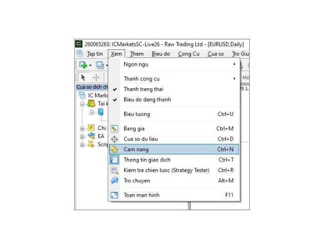 Hướng dẫn đăng nhập MT4: Nhấp vào 'Xem' trong menu chính, sau đó chọn 'Cẩm nang' để mở bảng điều khiển cẩm nang.